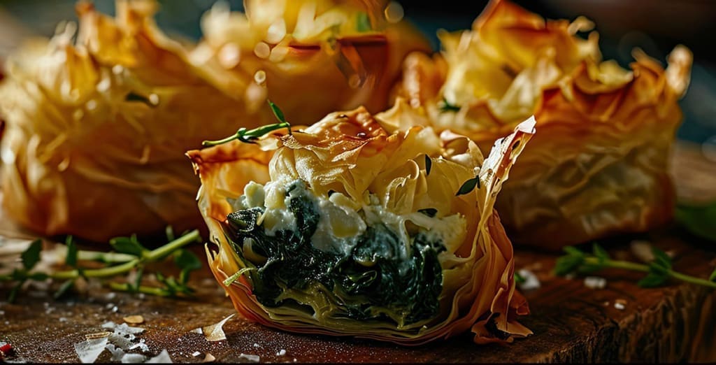 Phyllo cups stuffed with feta and spinach.