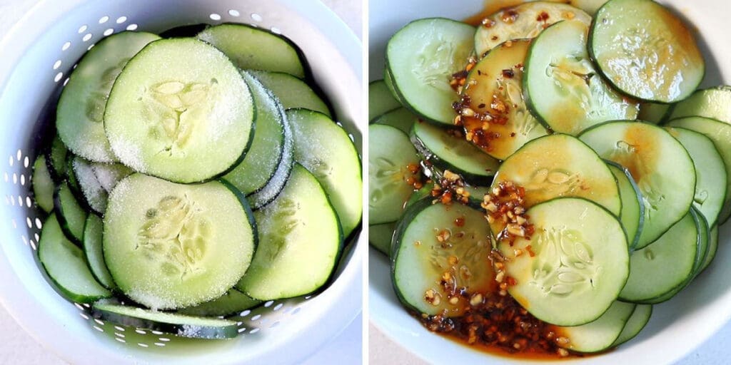 Side by side photo of salted cucumbers in a colander next to cucumbers covered in red sauce.