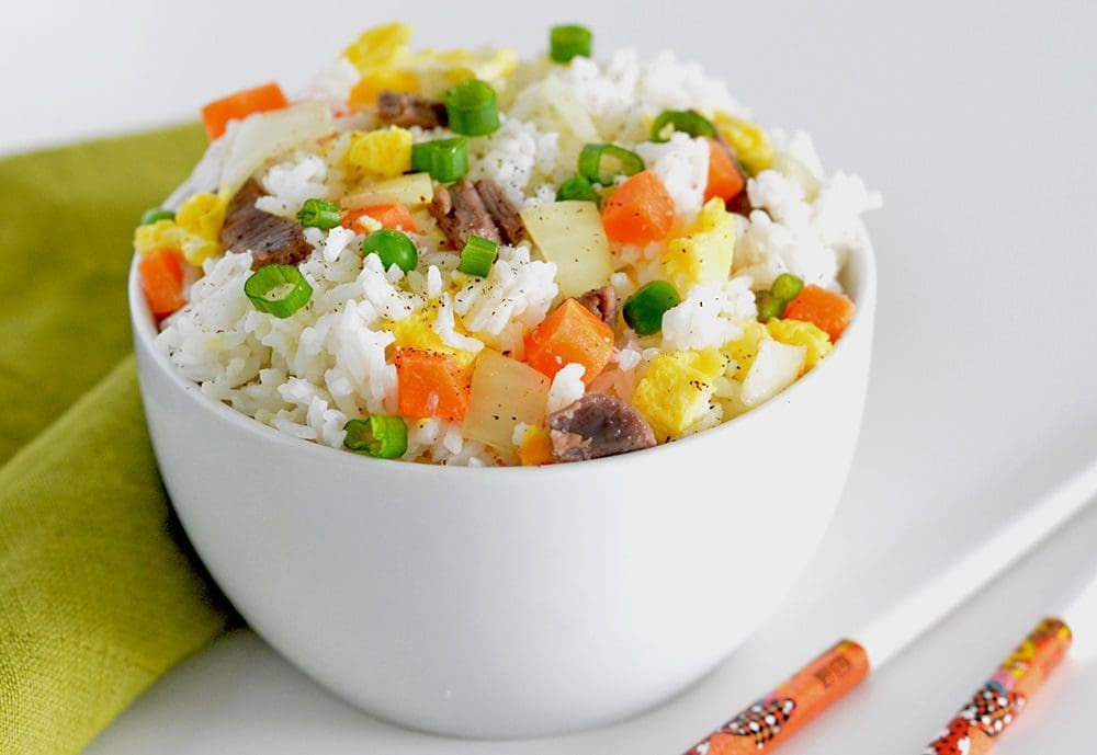 White bowl filled with Chinese Fried Rice