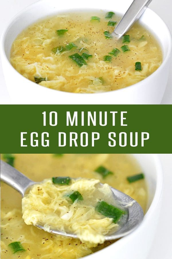 Pinterest pin showing a close up of egg drop soup from two different angles.