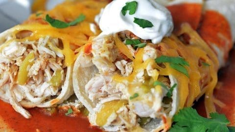 Chicken enchiladas topped with sour cream and cilantro.