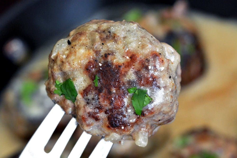 Swedish Meatball on the end of a fork.