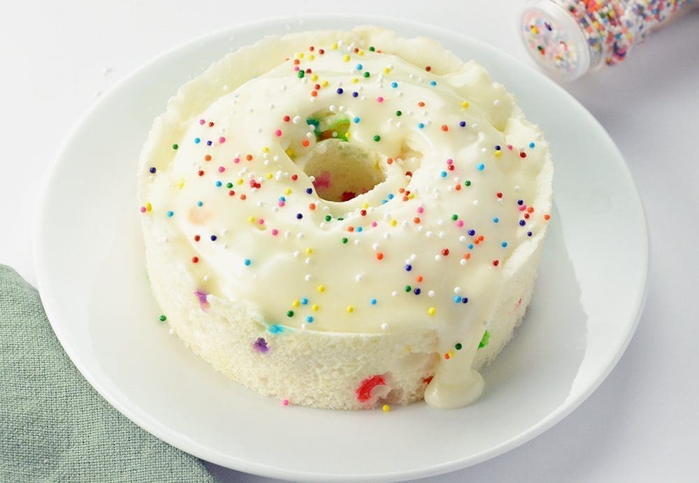 Instant Pot Angel food cake on a small white plate