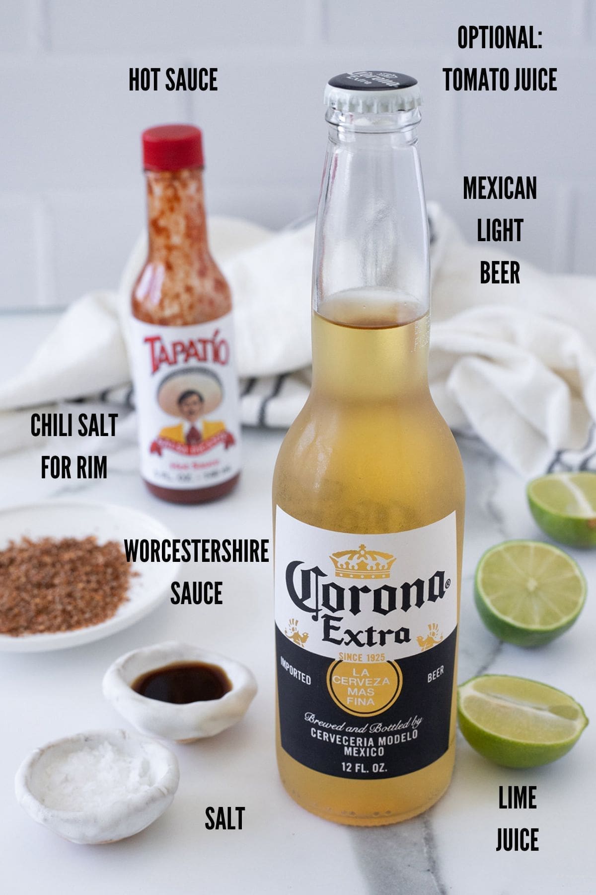 Labeled photo showing Michelada ingredients.