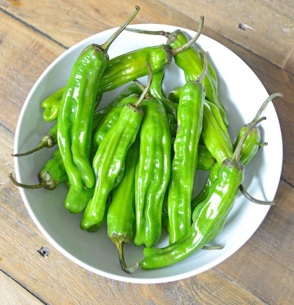 Shishito Peppers in a white bowl.