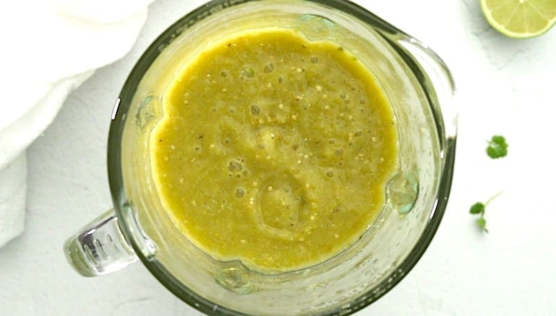 Green chile verde sauce in a blender.