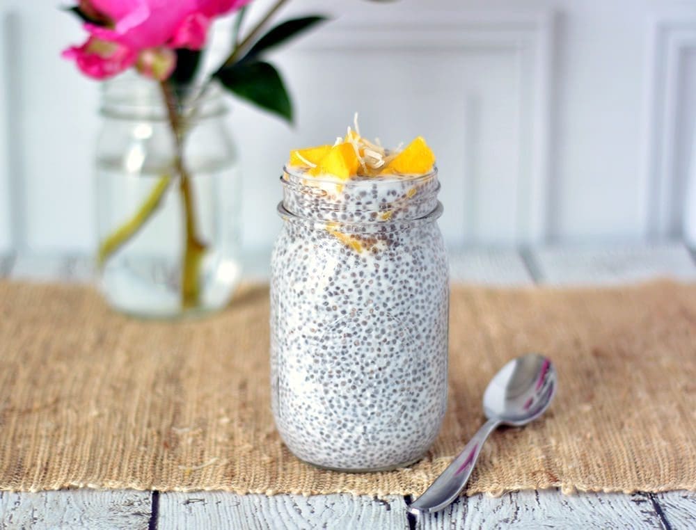 Easy Chia Seed Pudding made with coconut milk, coconuts and mango.