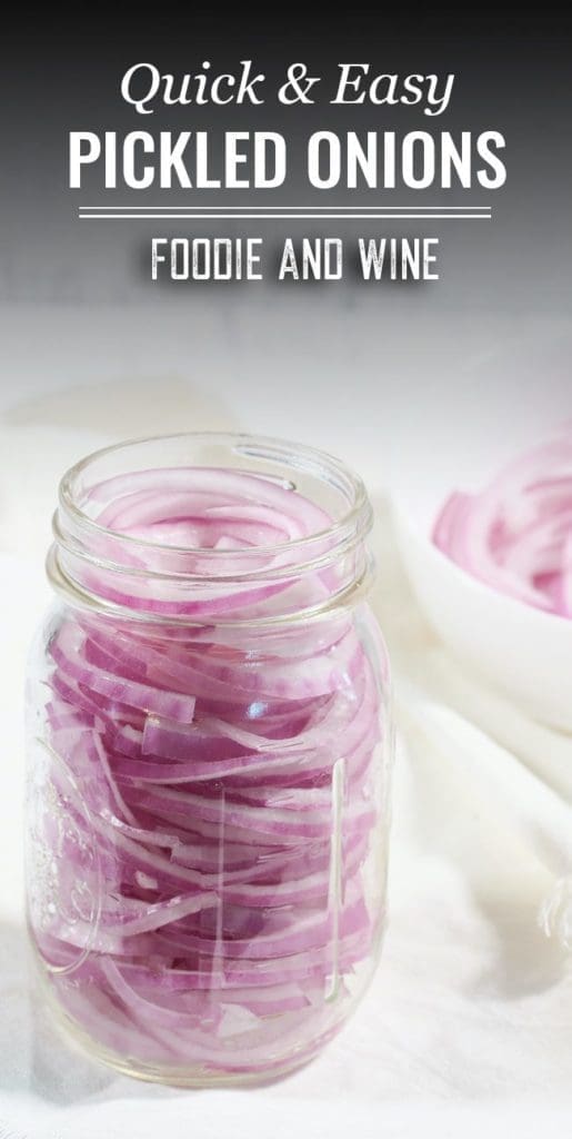 Pinterest pin showing a glass mason jar full or pickled red onions.