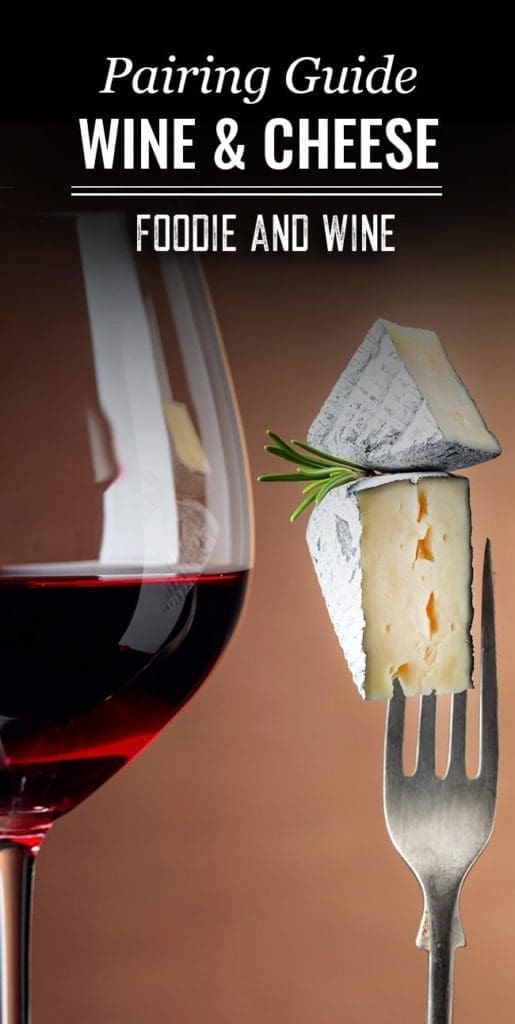 Pinterest pin showing a glass of red wine next to an upright fork with two wedges of cheese on the end.