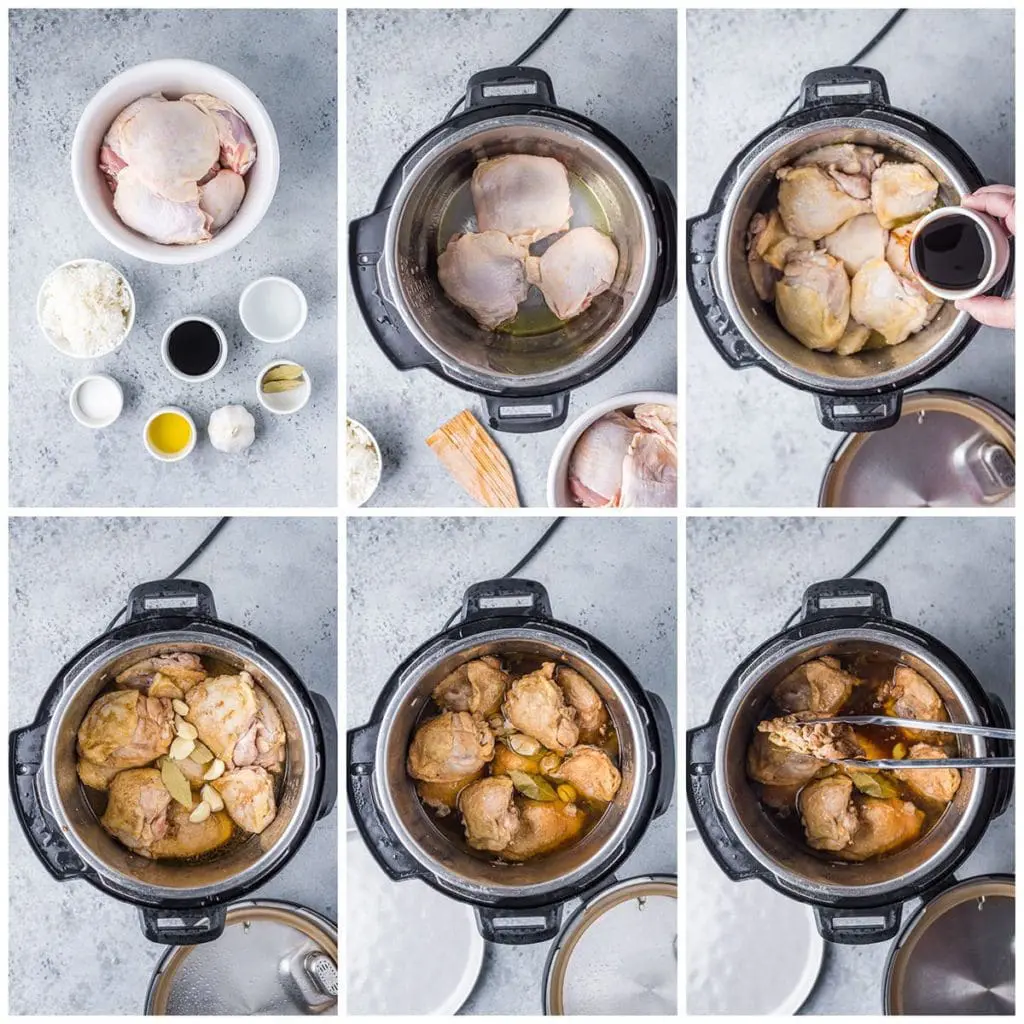 Step by step photos showing the instructional steps to making Instant Pot Chicken adobo in the instant pot.