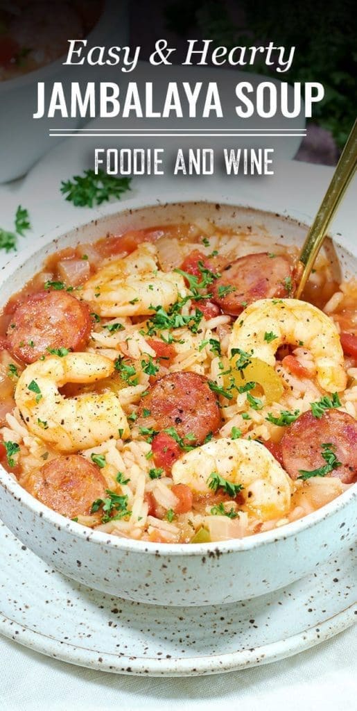 Pinterest pin showing an upclose shot of Jambalaya Soup on a spreckled white bowl.