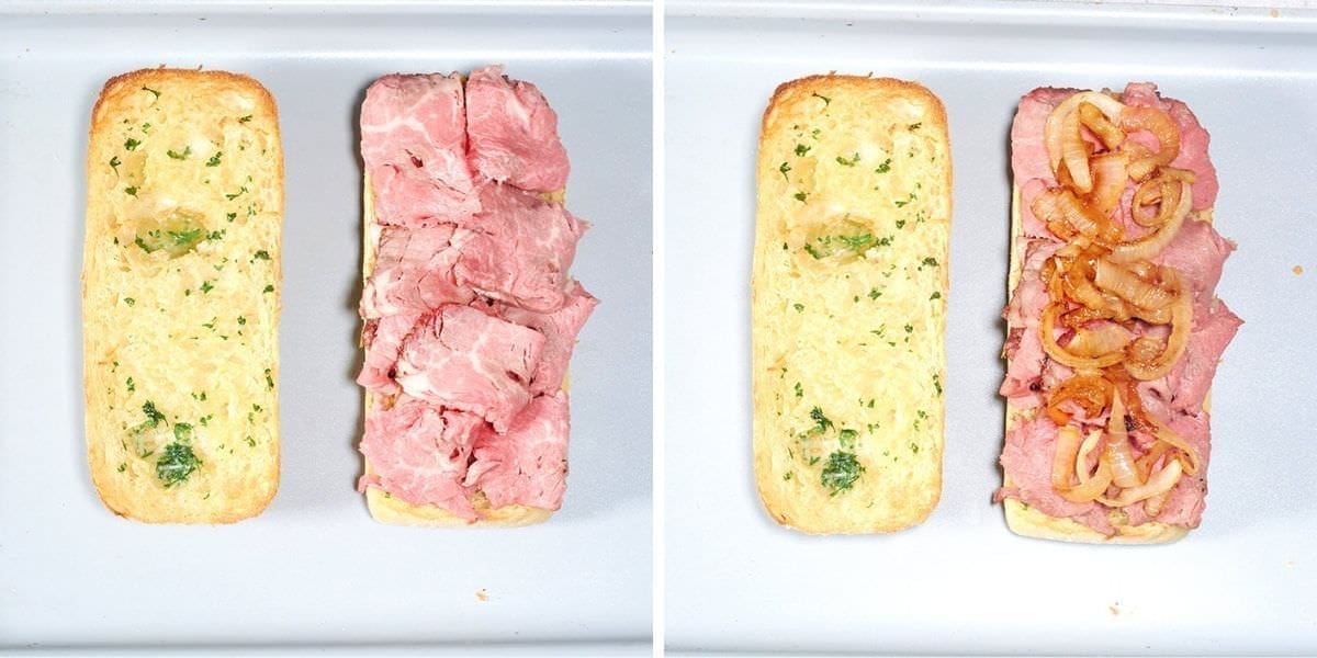 Side by side photos showing how to make a prime rib sandwich. The left shows two slices of toasted garlic bread, one with prime rib on it. The right photo shows two slices of toasted garlic bread, one has prime rib and caramelized onion on it.