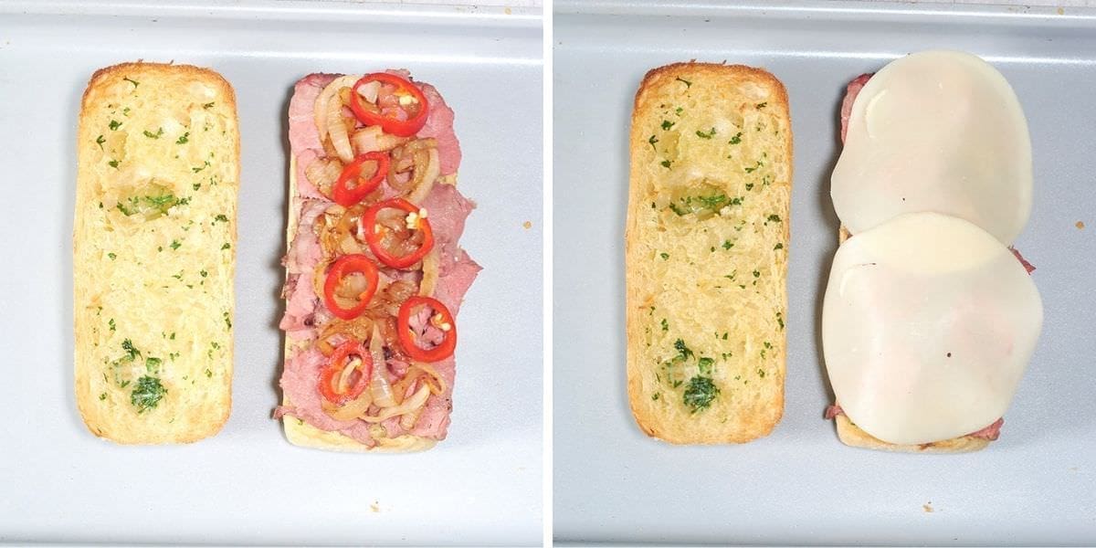 Side by side photos showing how to make a prime rib sandwich. The left shows two slices of toasted garlic bread, one with prime rib, onions and pickled peppers on it.. The right photo shows two slices of toasted garlic bread, one is covered in two slices of cheese.