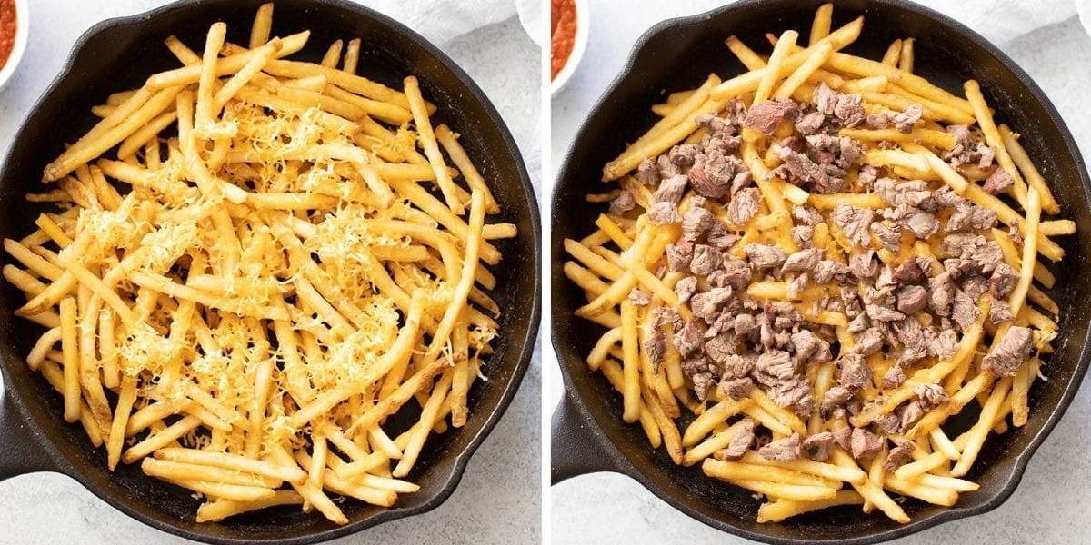 Side by side photo showing fries and cheese in a black cast iron skillet. On the right shows french fries with cheese and carne asada steak in a cast iron skillet.