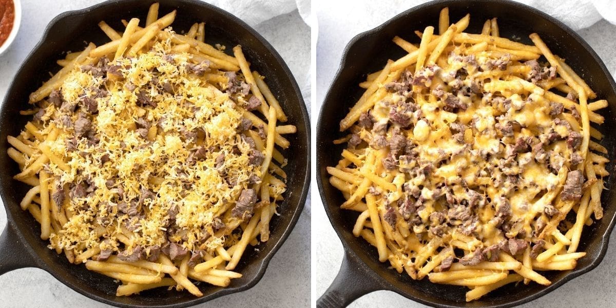 Side by side photo showing fries and steak and unmelted cheese in a cast iron skillet. Right photo shows the same ingredients, but the cheese is melted.