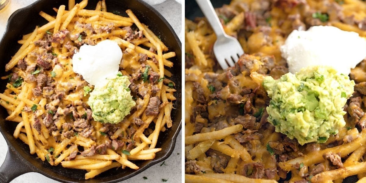 Side by side photos showing carne asada fries topping with sour cream and guacamole.