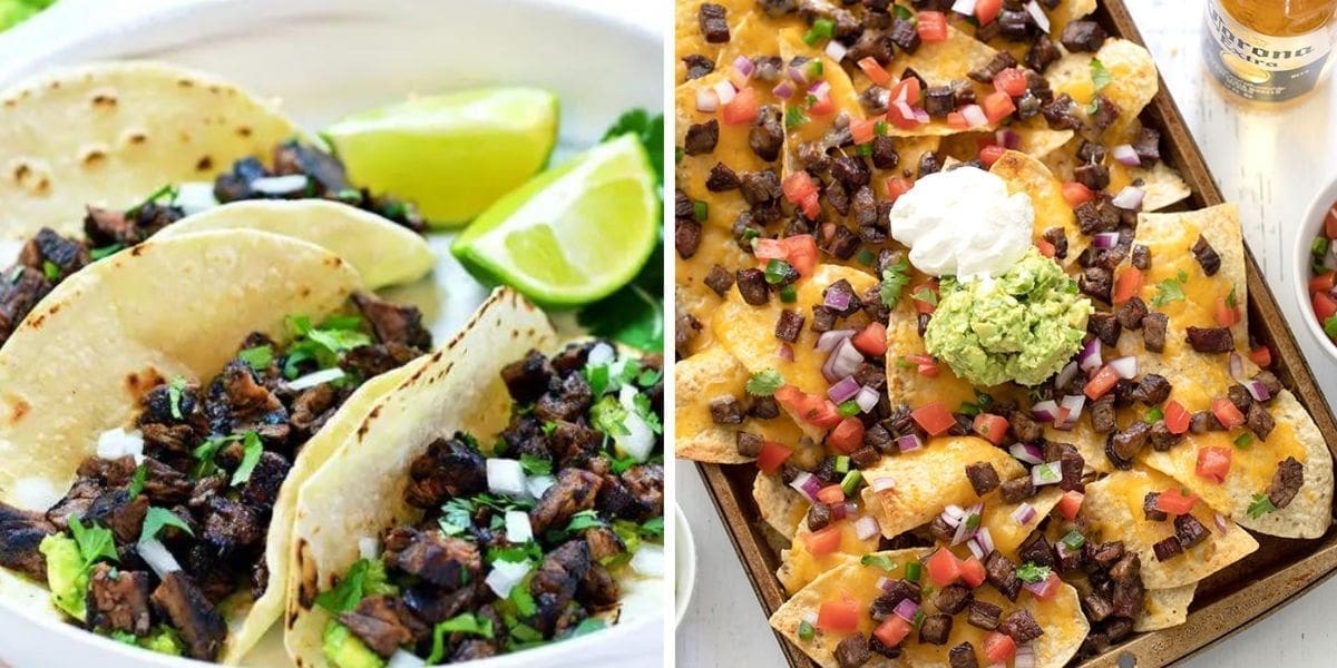 Side by Side photo showing carne asada tacos on the left and carne asada nachos on the right.