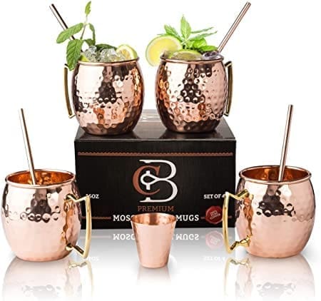 Product shot of moscow mule copper mugs