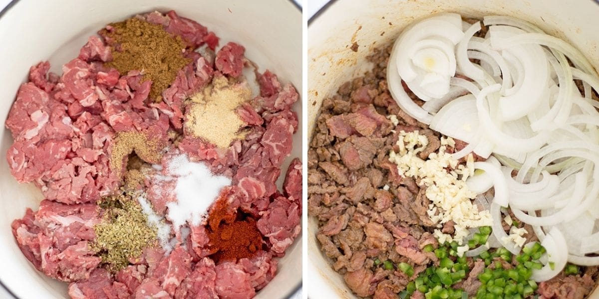 Side by side photo showing beef and spices in a dutch oven and beef and onions.