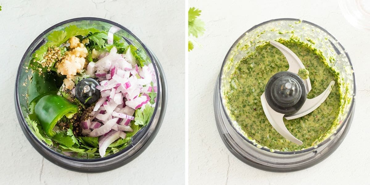 Side by side shot showing cilantro chimichurri in a blender.