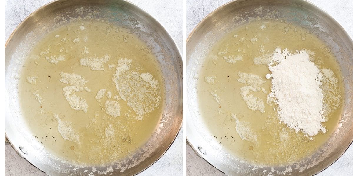Side by side photos showing melted butter and butter with flour.