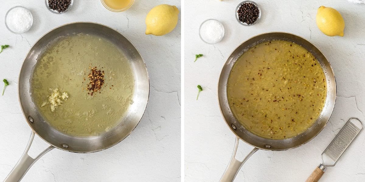 Side by side photos of lemon butter garlic sauce.