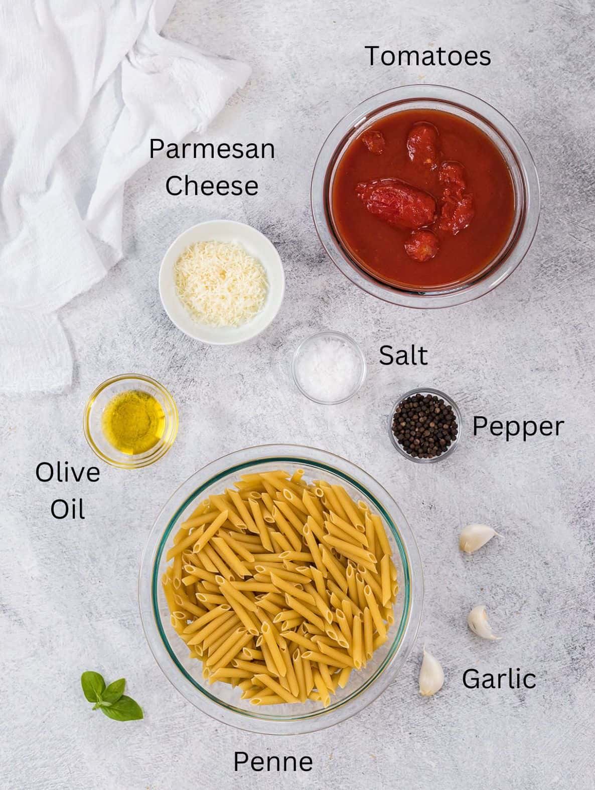 Ingredients to make pasta penne recipe.