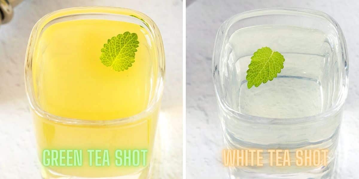 side by side photos showing white tea shot vs green tea shot.