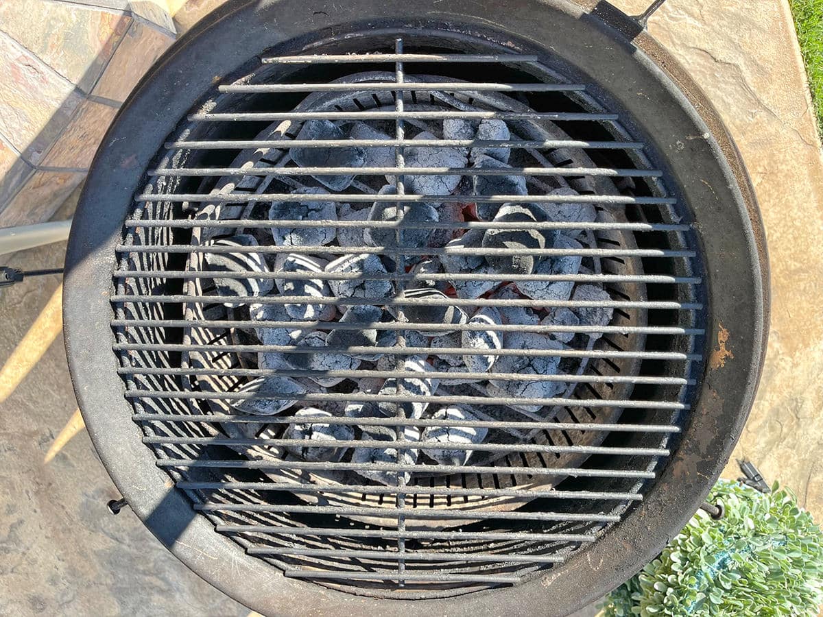 Overhead shot of a charcoal grill.