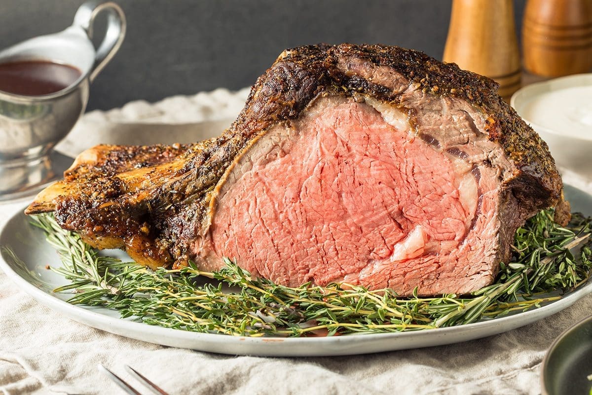Cooked prime rib on a plate.