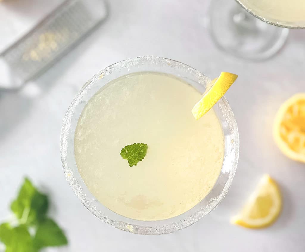 Top down photo of a lemon drop martini.