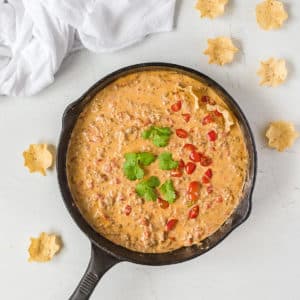 Rotel Dip in a cast iron skillet.