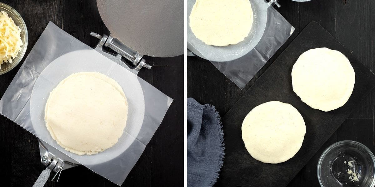 side by side photos showing cheese stuffed arepas.