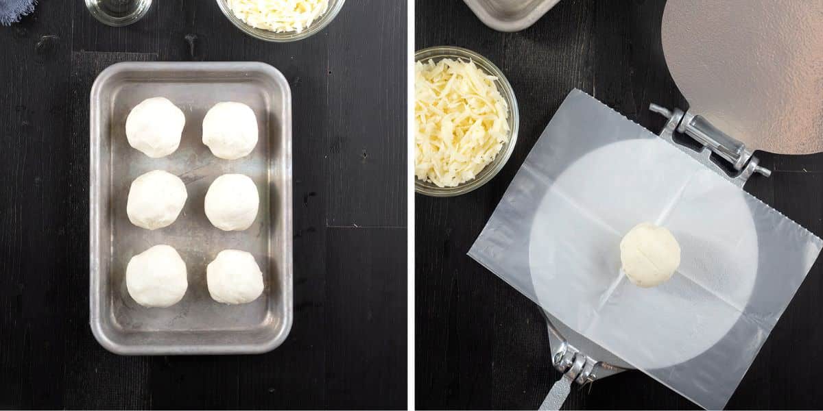 side by side photos showing 6 balls of dough and 1 ball on a tortilla press.