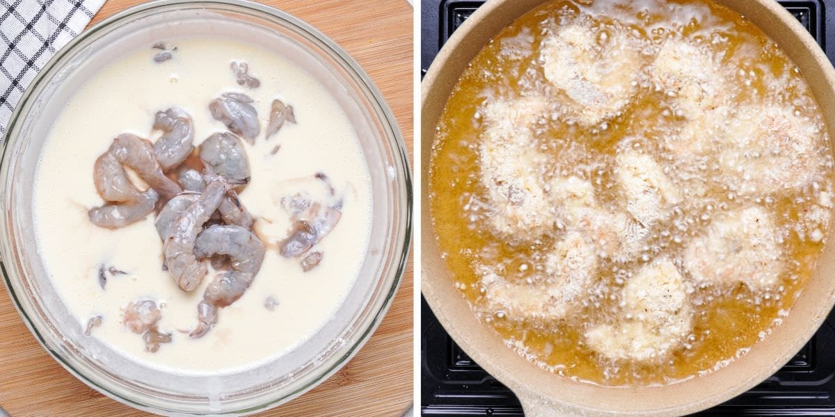 Side by side showing prawns in milk and then in a frying pan.