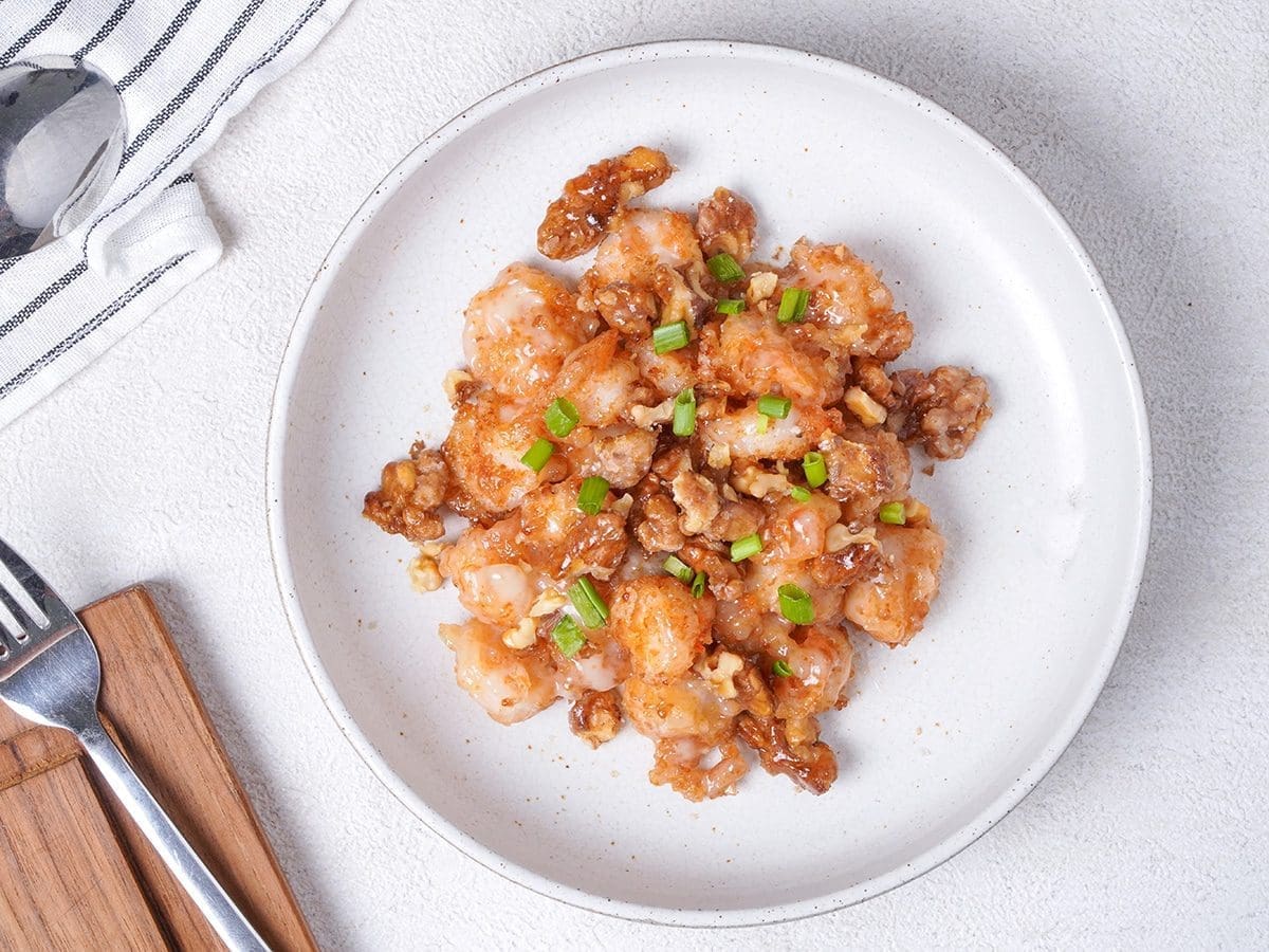 Honey shrimp on a white plate.