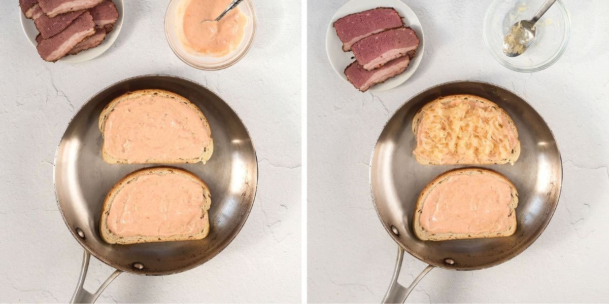 Photos side by side showing slices of bread with Russian dressing.