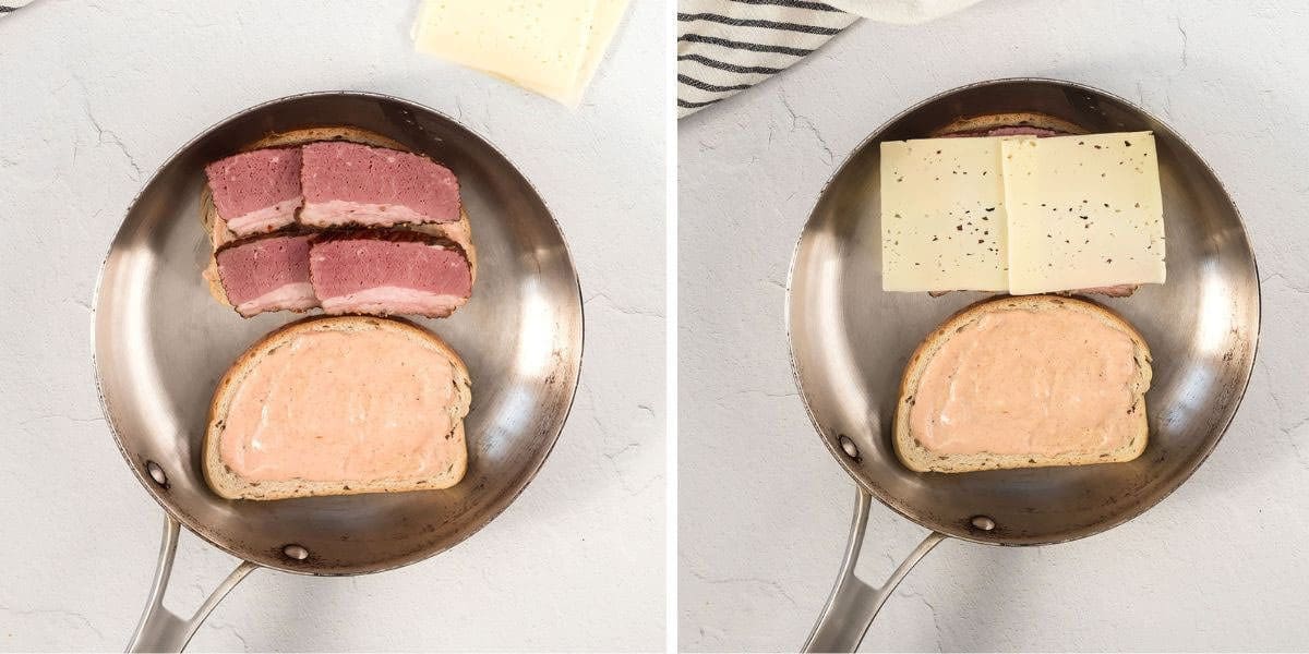 Side by side photos showing a corned beef sandwich being cooked.