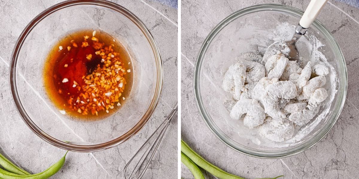 Side by side photos showing sauce and cornstarch coated shrimp.
