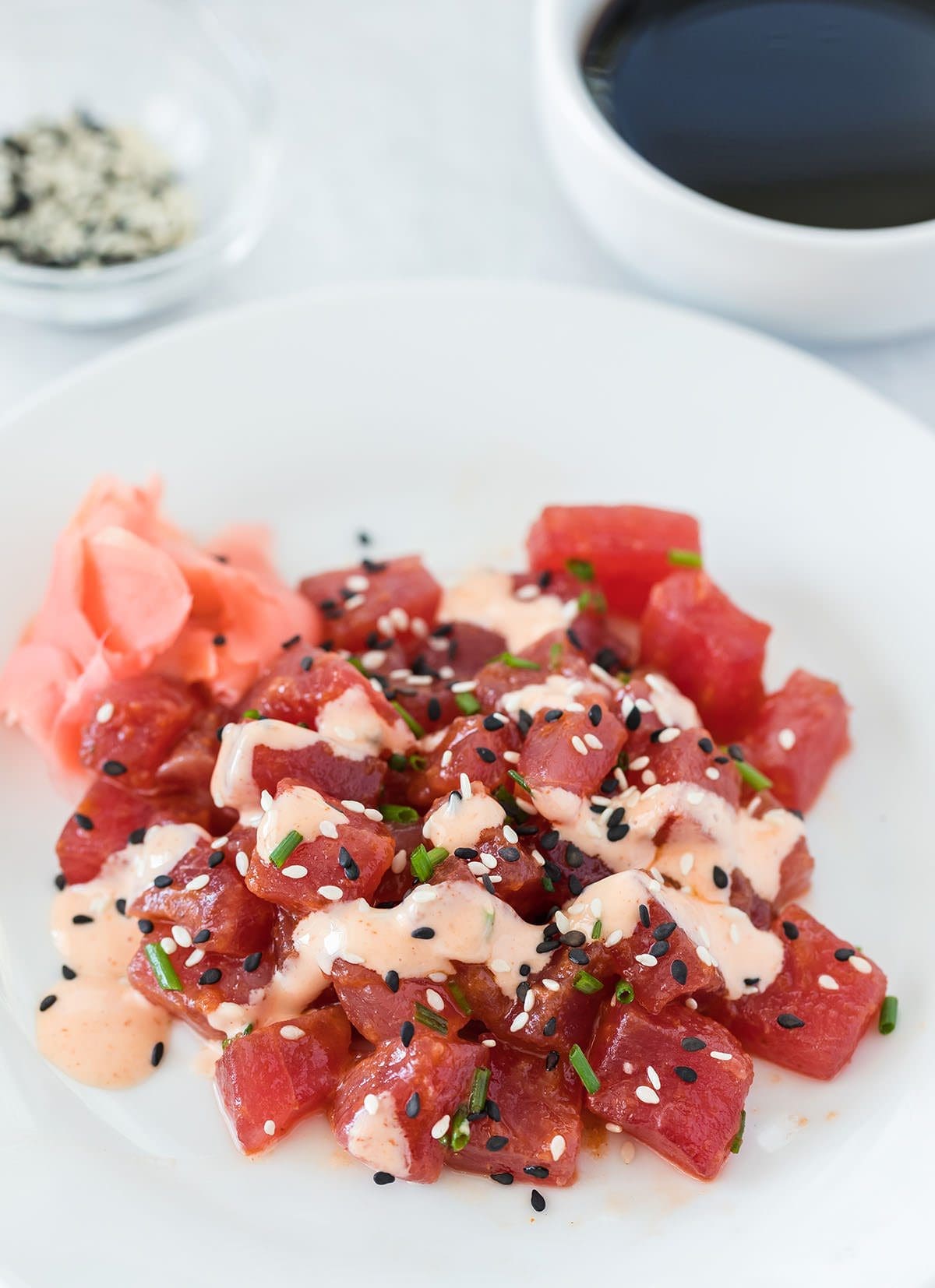 Diced tuna covered in spicy mayo.