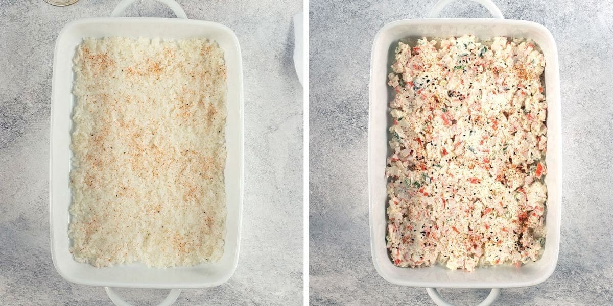 Side by side photos showing how to make a sushi casserole.