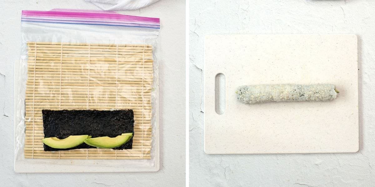 Side by side photo showing avocado slices on nori and then a rolled sushi roll.