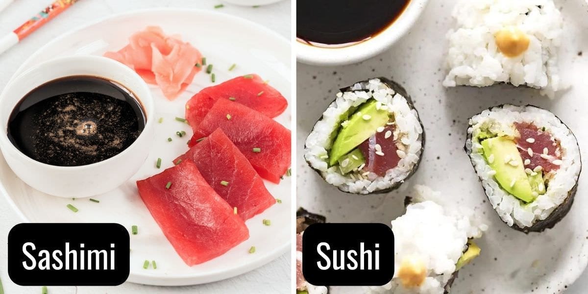 Side by side photos show the difference between sushi vs sashimi.