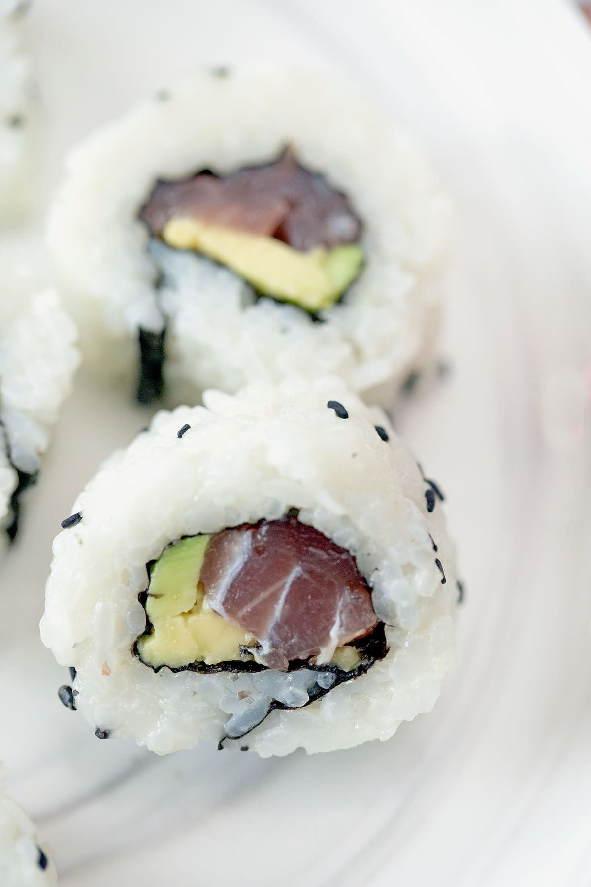 Close up photo of a sushi roll.