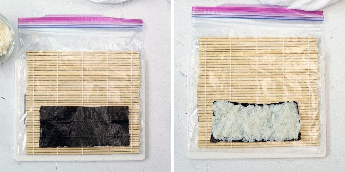 side by side showing a nori sheet with and without rice.