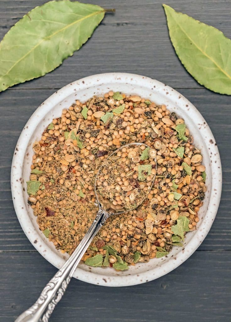 Corned beef seasonings in a small bowl.