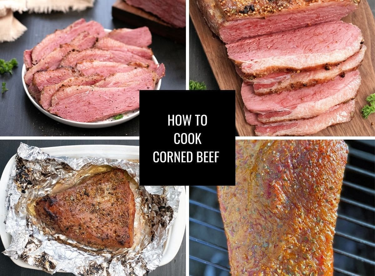 Quad of photos of corned beef with square box of text saying "How to cook corned beef."