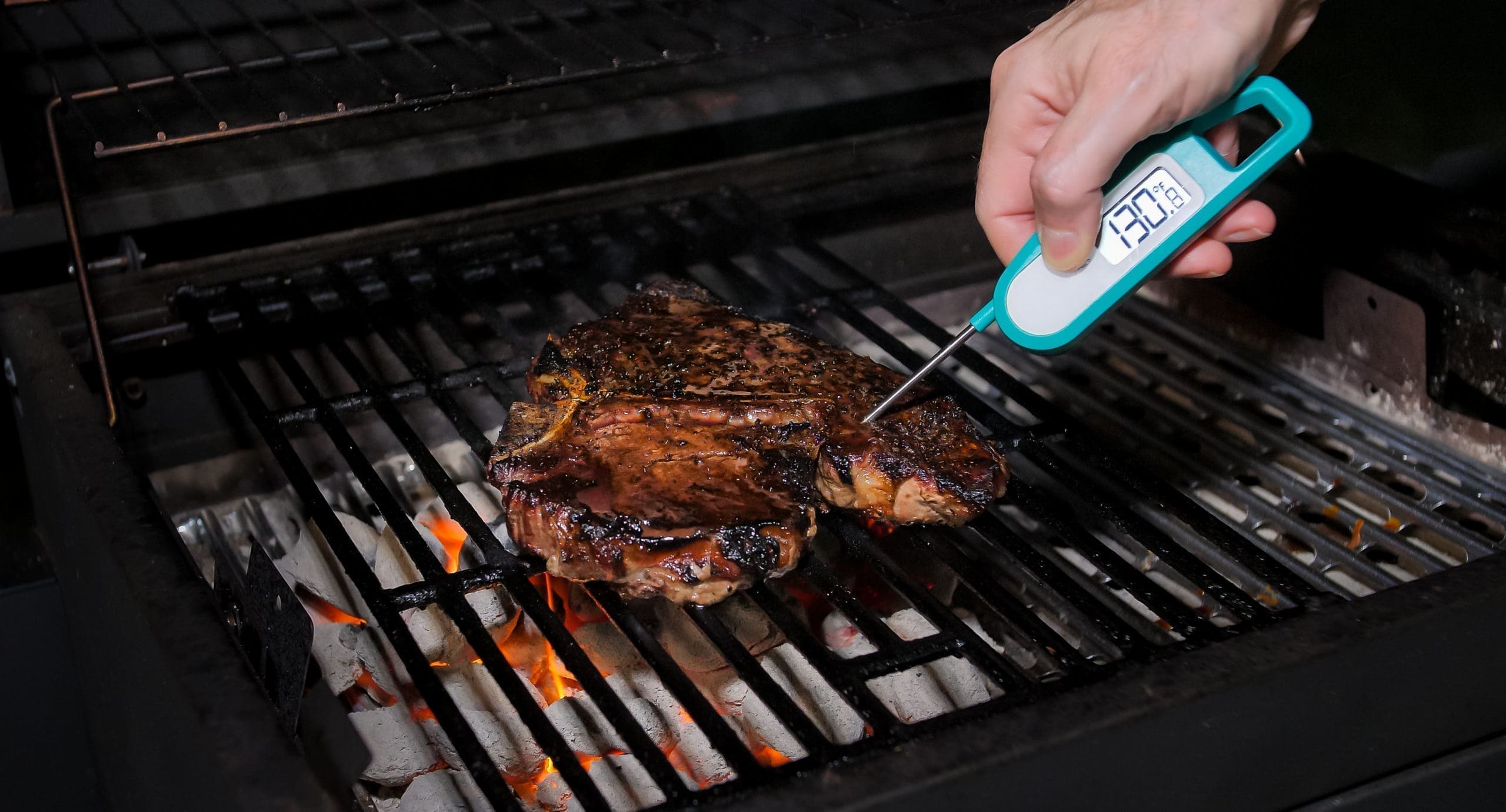 Steak on grill with thermometer for Temperature Chart