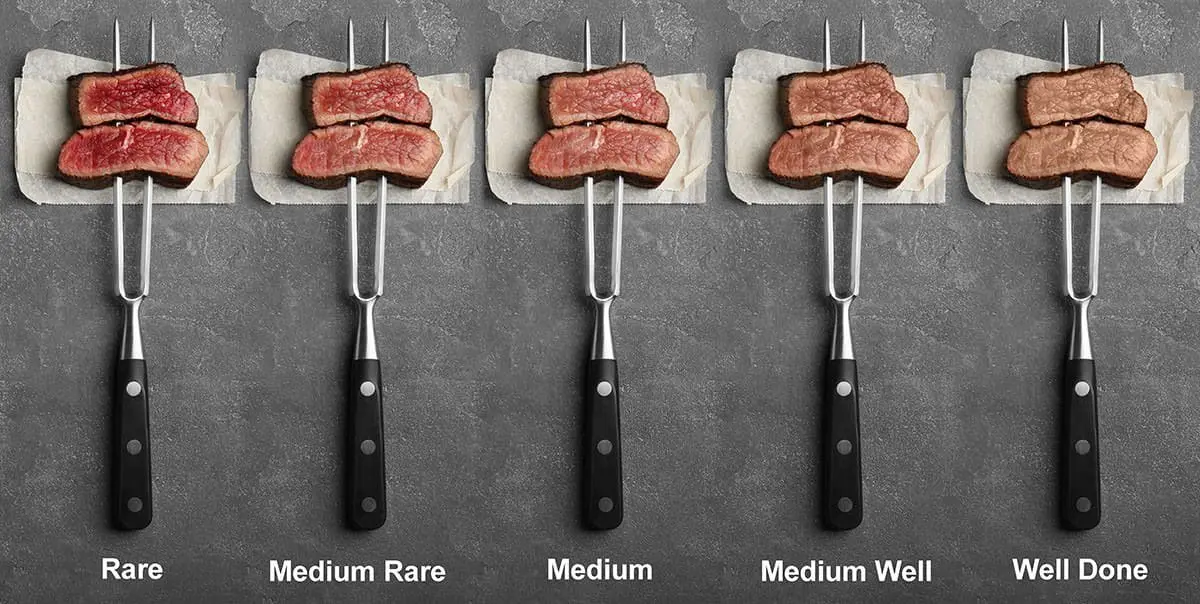 5 meat forks showing the variety of steak doneness levels for a beef temperature chart.