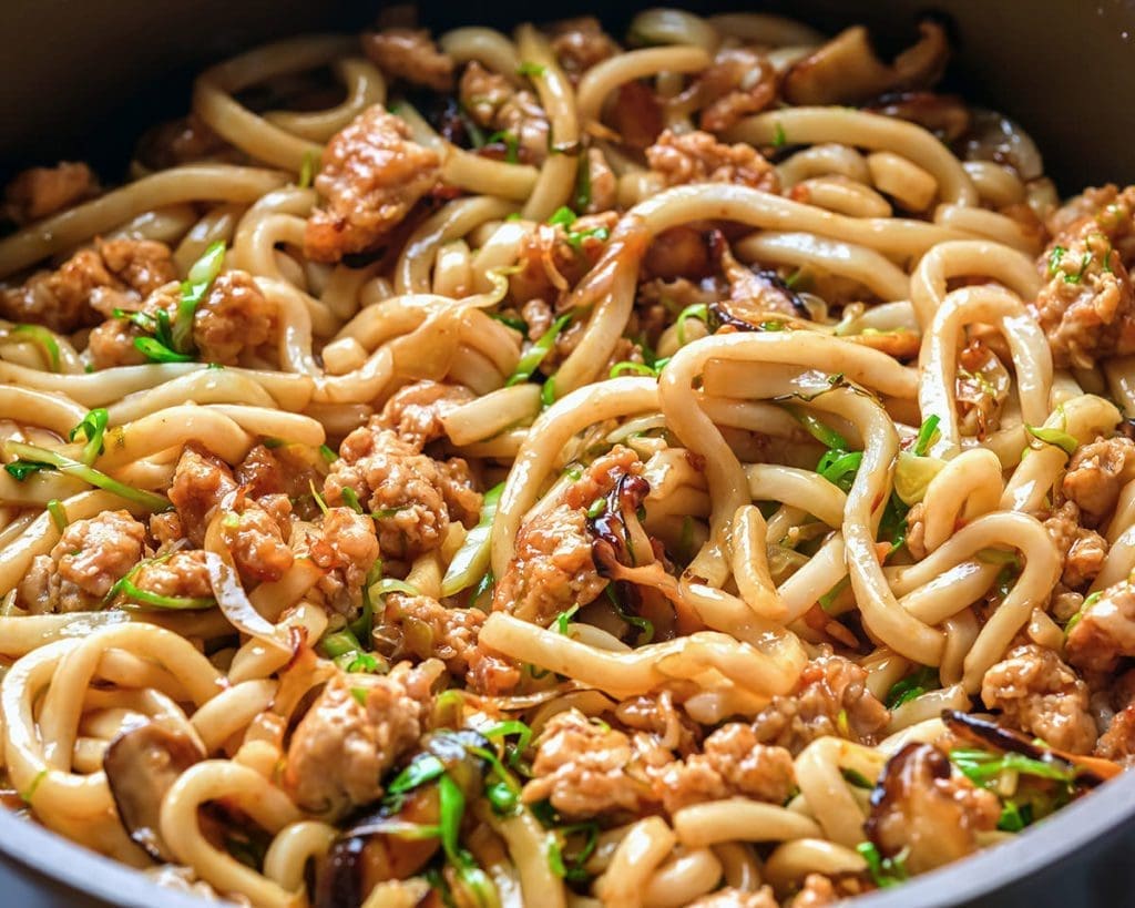 Close up of chicken yaki udon.